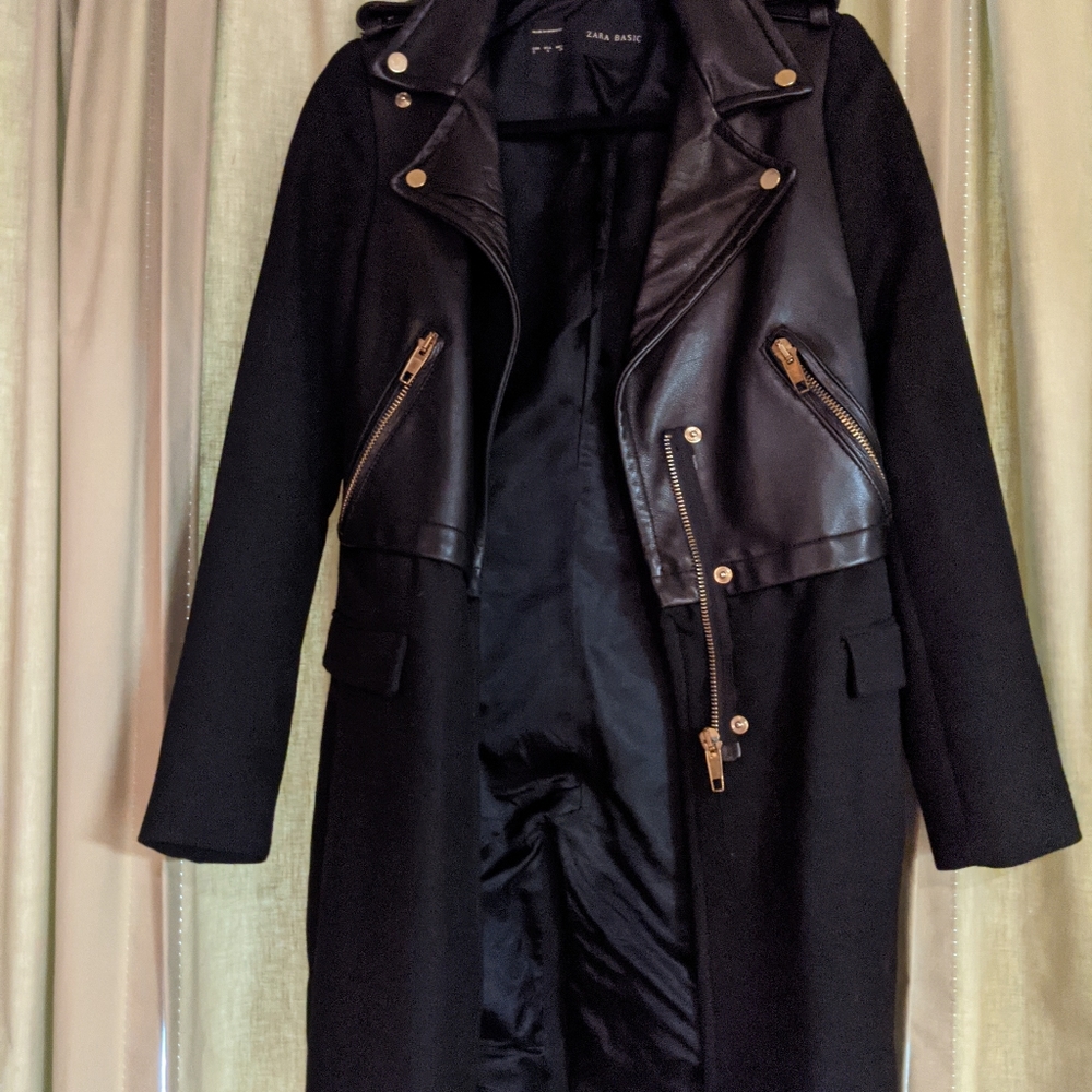 Zara Basic Leather and Polyester/Wool Blend Coat, Small *Some Wear and Tear*